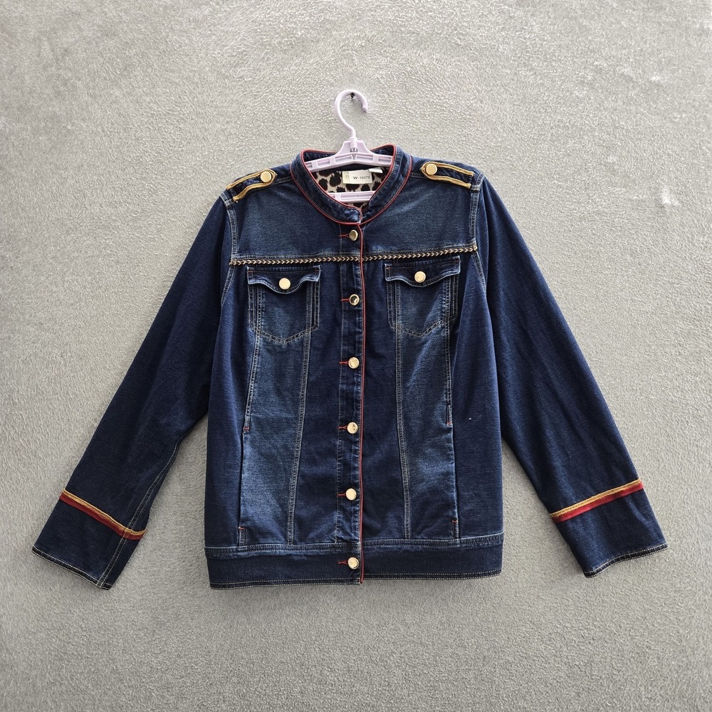 Zenergy By Chico's Women Jacket 3 Blue Denim Embroidered Military Gold Trim